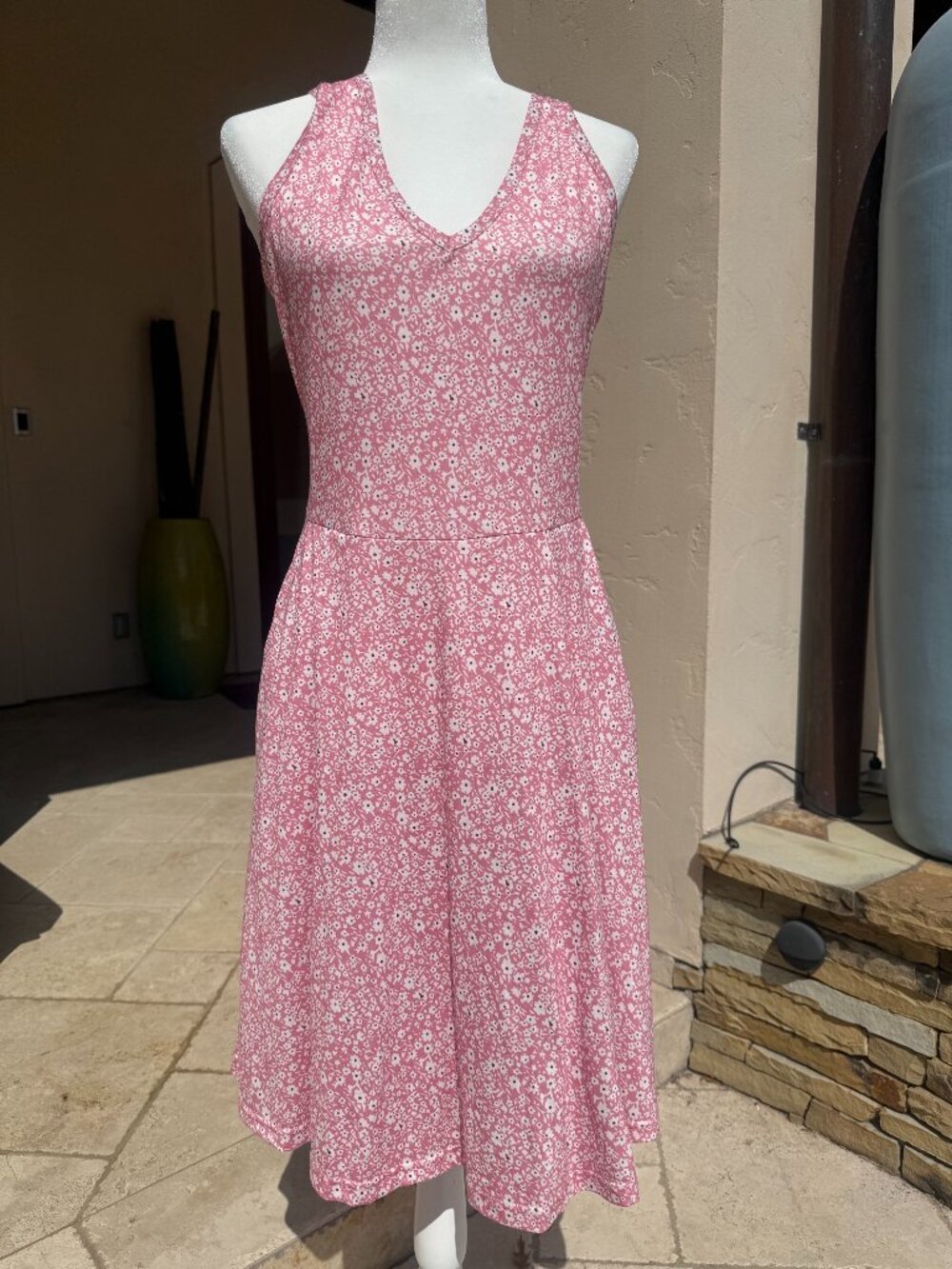 Women's Pink Sundress Summer Wrap V Neck Flowy Midi Dress, Ruffle Short Sleeve